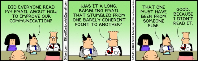 Dilbert comic strip showing a office meeting where the boss asks about his email on improving communication, and an employee admits he did not read it