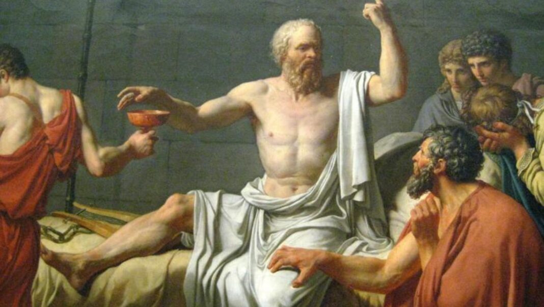The Death of Socrates by Jacques-Louis David, showing Socrates calmly reaching for the cup of hemlock while his followers grieve around him