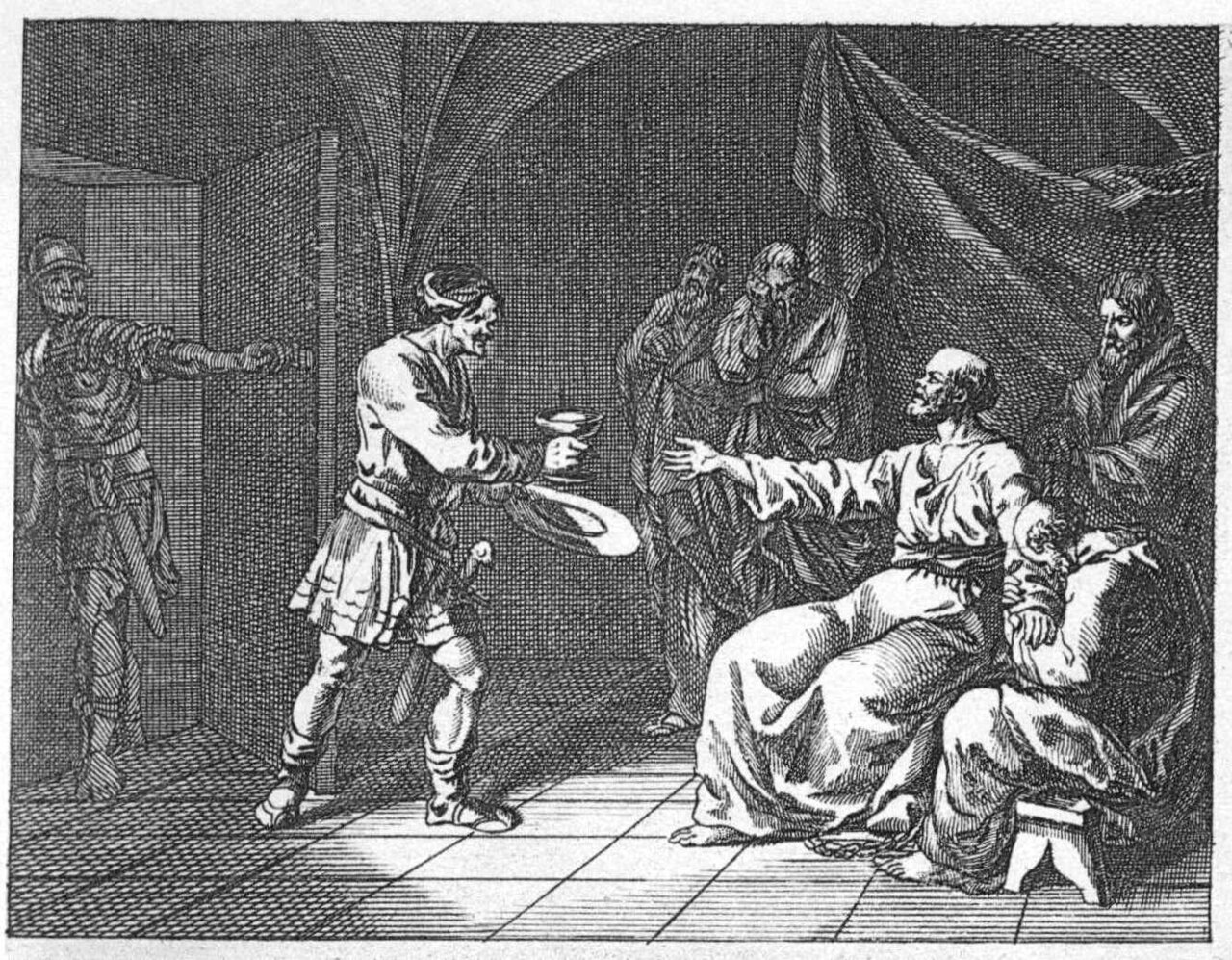 An 18th-century engraving of Socrates calmly reaching for the cup of hemlock while his executioner and grieving disciples surround him in a prison chamber